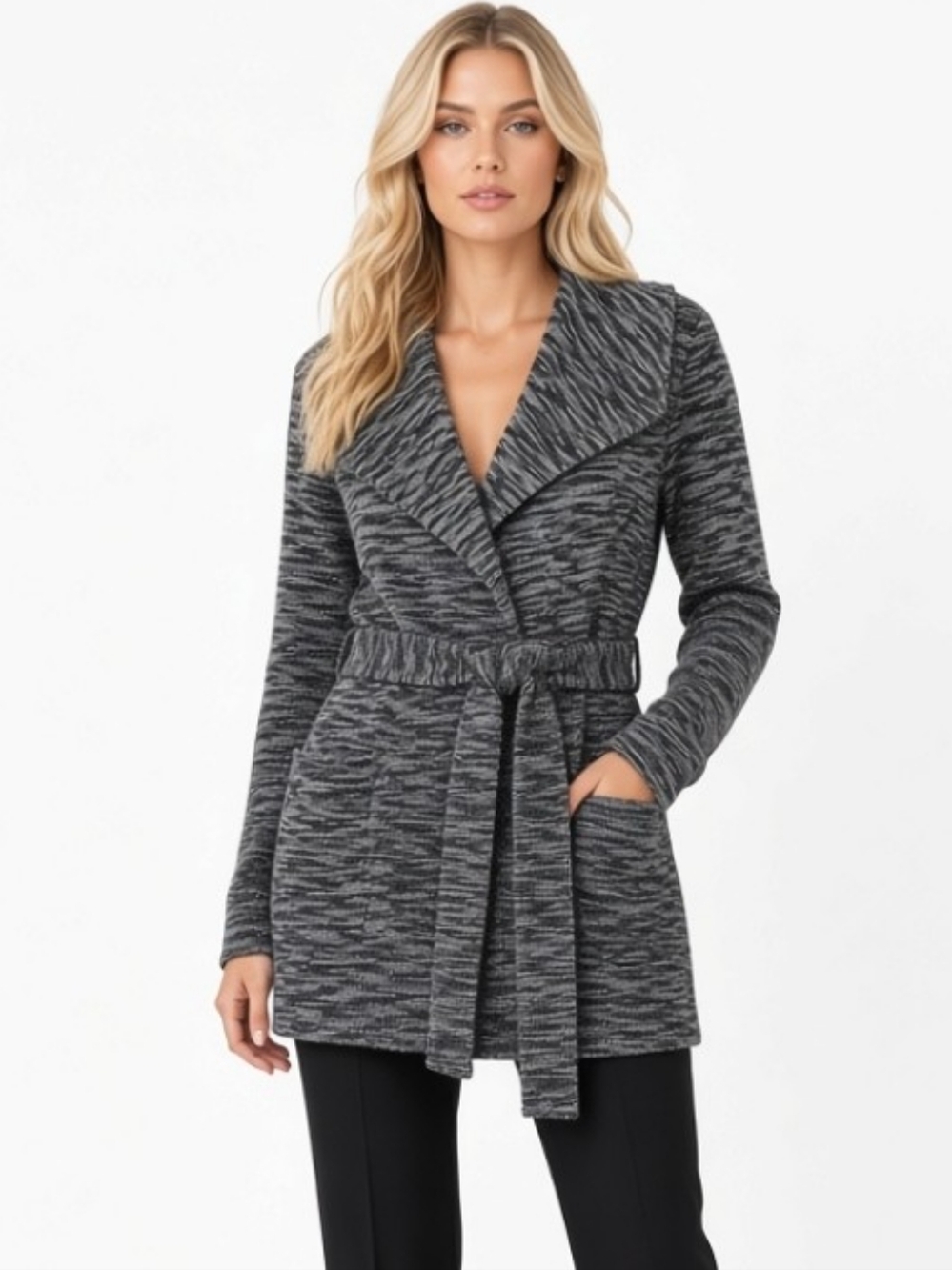 LOFT Womens Textured Heathered Abstract Belted Sweater in Black & White Sz Small